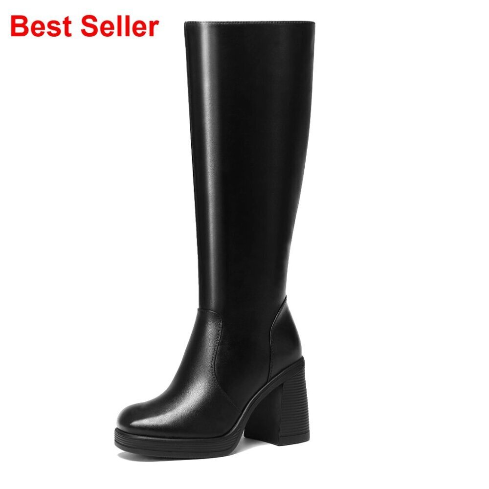 Knee High Platform Boots Chunky Heel Square Toe Side Zipper Women's Shoes